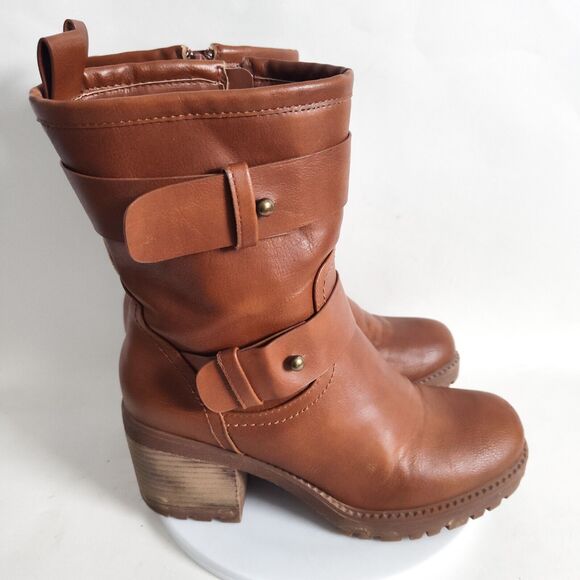 VTG 90s Mudd Henry Brown Moto Chunky Platform Heel Mid-Calf Boots 7 M Y2K Biker - Picture 1 of 9